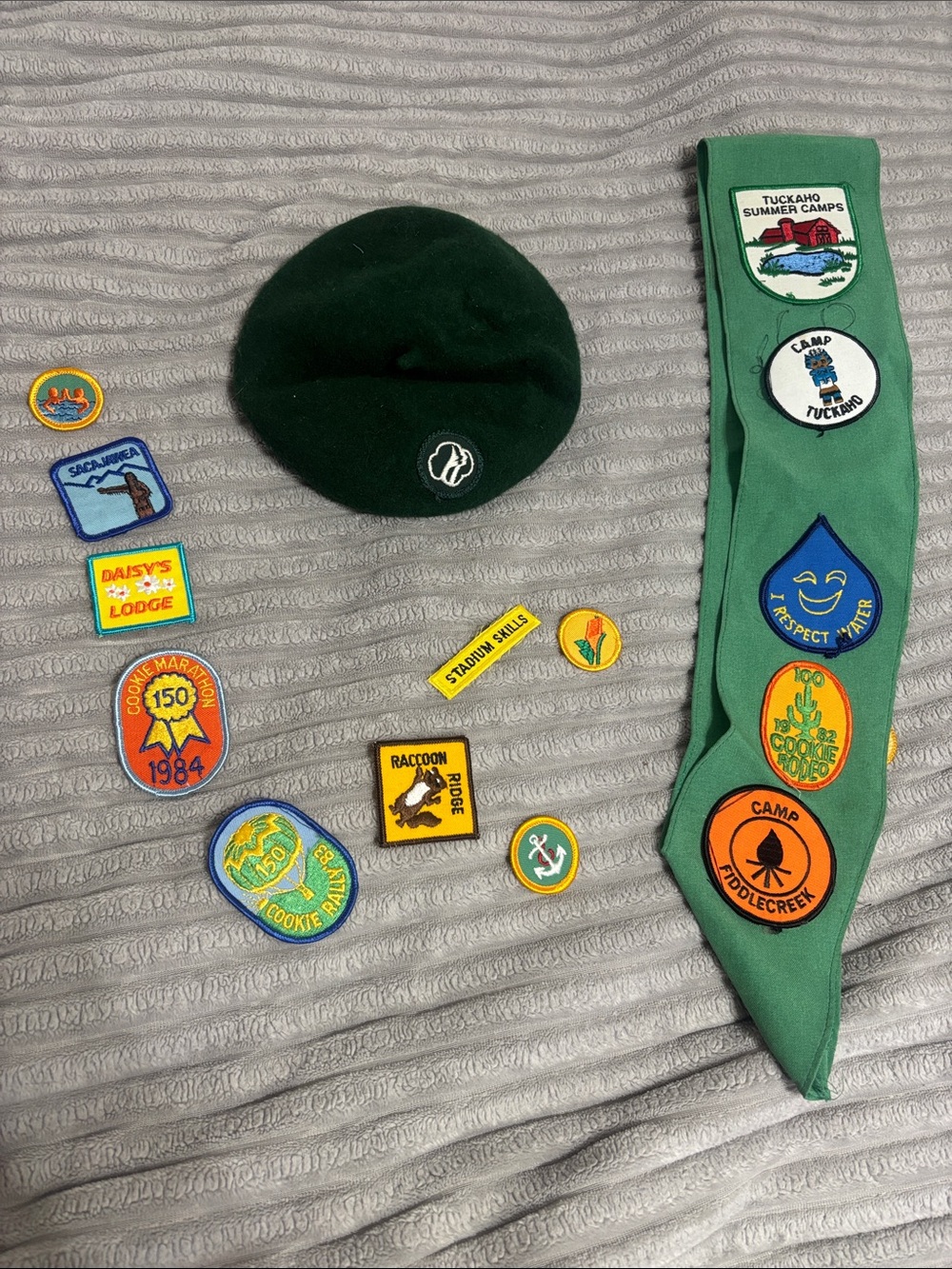 Scott Dark Green Beret with Green Scout Sash and Merit Patches